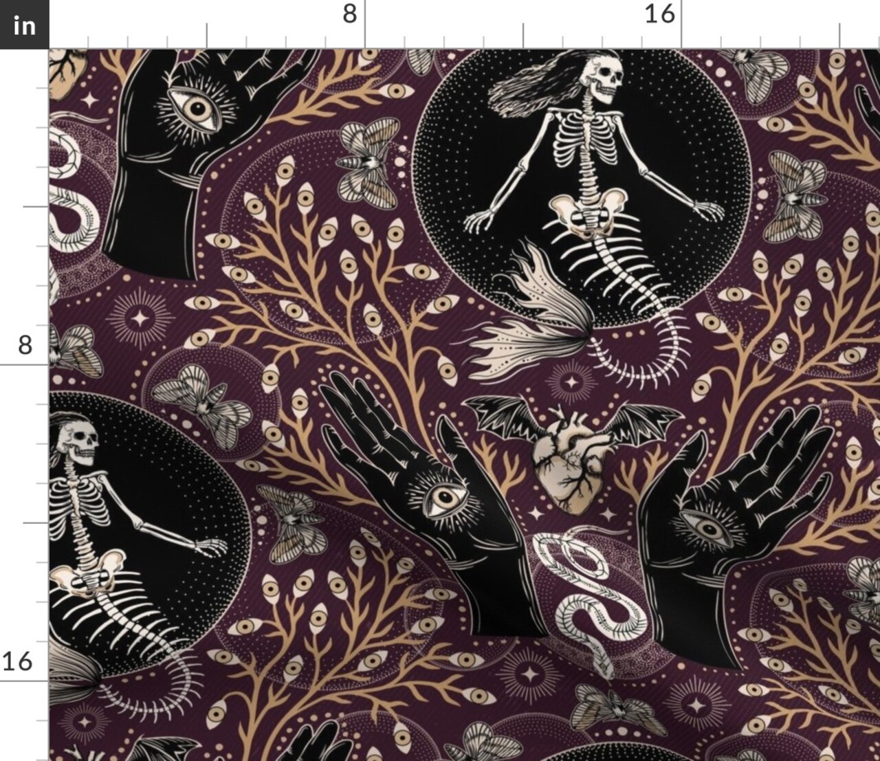 Mermaid Skeleton Spooky Hands Eyes Snake Scary Plants Moths Large Plum Purple Gothic Fantasy Custom Printed Fabric by Spoonflower Various Fabrics by the Yard or Fat Quarter 11955271